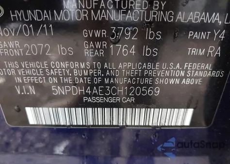 2012 Hyundai Elantra Limited из США, поврежденный, VIN 5NPDH4AE3CH120569